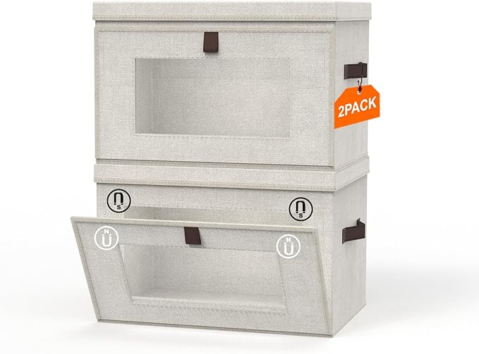 2 Pack 35L Large Foldable Closet Storage Organizer - Front Opening Clothes Storage Bins with Handles &amp Window Collapsible Decorative Storage Boxes with lid for Shelves Living RoomDorm