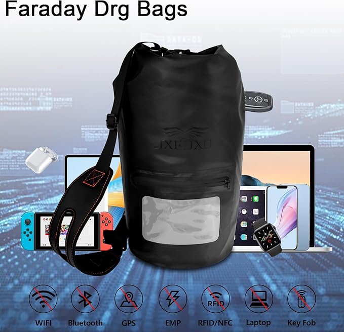 JXE JXO 15L Waterproof Faraday Dry Bag for Electronic Device Security | Military-Grade EMP &amp RFID Signal Blocking Anti-Tracking &amp Hacking Protection Data Privacy Shield for Mobile Devices