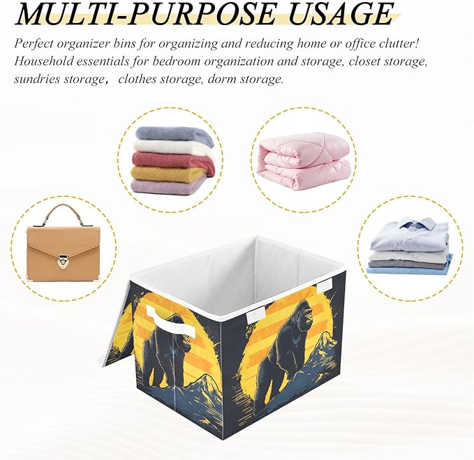 Gorilla Poster Storage Cube Bins Basket with Lid Collapsible Flip-top Fabric with Handle for Home Bedroom Closet Office 16.5×12.6×11.8 in