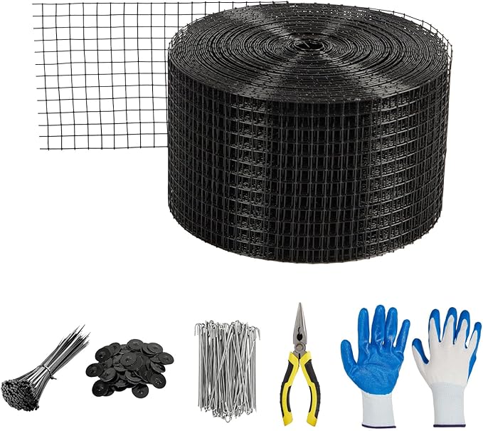 6In x 100Ft 1/2-Inch Grid Solar Panel Bird Guard Kit | Heavy-Duty PVC Coated Mesh with 100 Fastener Clips 100 Cable Ties Gloves &amp Pliers for Bird &amp Critter Control