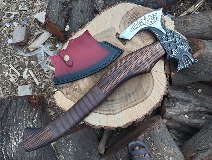 Handmade Viking Axe - Axe Real - Viking Blade of Wolf face Engraved Outdoor Functional Axe - Throwing Axe Hatchet Tomahawk Gift for Him Gift for Men
