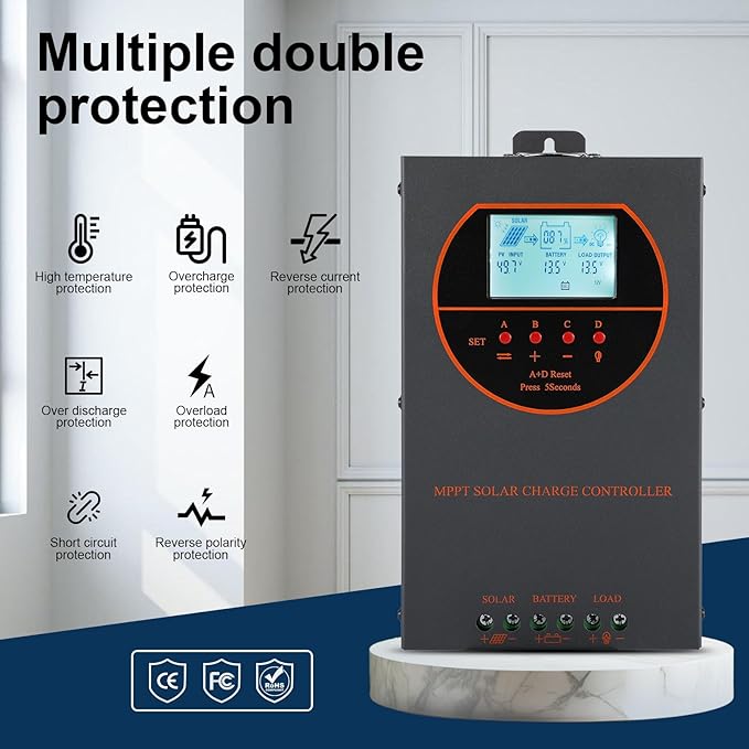 60A MPPT Solar Charge Controller 12V/24V/36V/48V Auto Max 160V PV Input 3000W Max Power Regulator w/ LCD Display Works with AGM Gel Flooded Lithium Batteries
