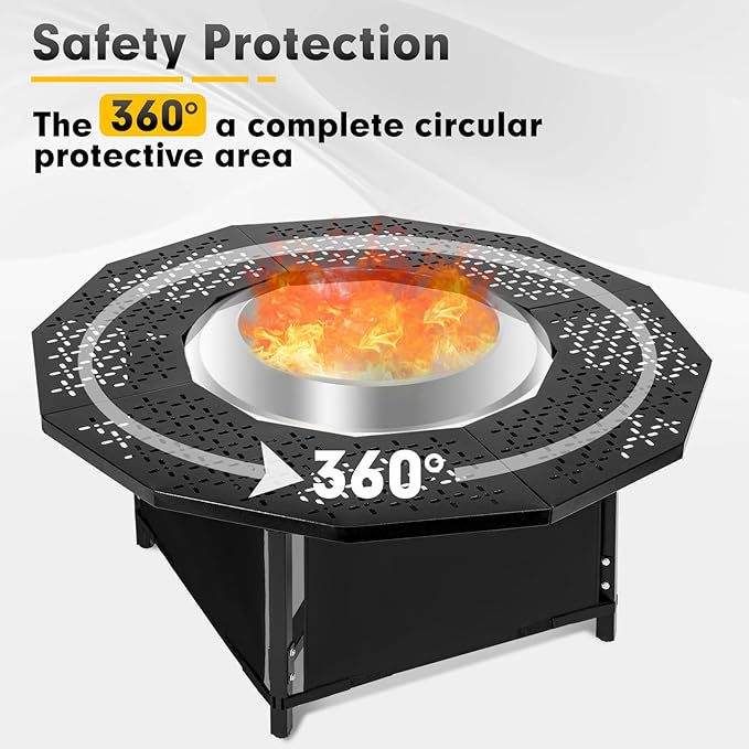 38 Inch Fire Pit Surround Tabletop for Solo Stove Bonfire up to 17.5 and Most Wood Burning Fire Pits 18.4 in Inner Coated Metal Outdoor Fire Pit Table with 360° Safety Barrier