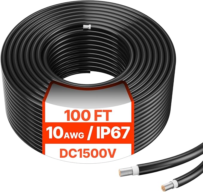 VEVOR 100FT Solar Panel Wire 10AWG Tinned Copper PV Cable 6mm² IP67 Waterproof XLPE Insulation Outdoor Extension Cord for RV Boat Home Solar Black