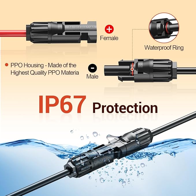 Solar Extension Cable 14AWG Tinned Copper with Solar Panel Connectors 12AWG Red &amp Black Branch Wires Heavy Duty Outdoor Power Cord for RV Inverter Generator Off-Grid System (50FT)