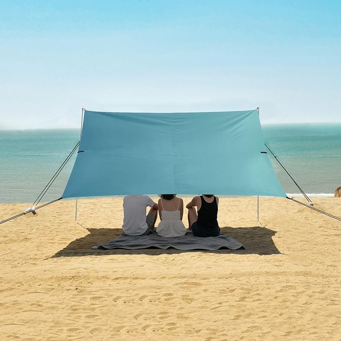 Green Gradient Beach Canopy UPF50+ Easy Setup Sun Shelter with Sandbags and Shovel for Family Trips Picnics &amp Camping