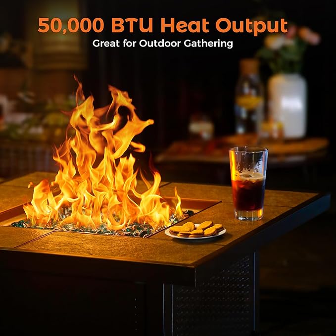 BALI OUTDOORS Propane Gas Fire Pit Table 32 inch 50000 BTU Square Gas Firepits for Outside Brown