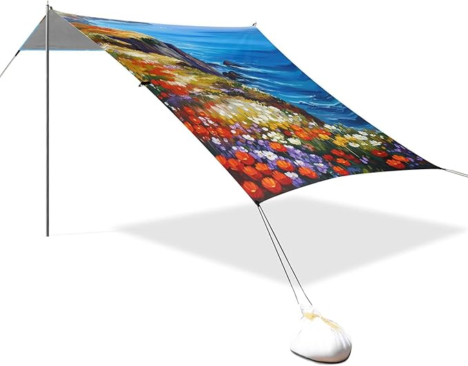 Landscape Beach Canopy Sun Shelter with Sandbags &amp Sand Shovel &amp Windproof Ropes - Portable 110x126 Beach Shade Beach Tent for Camping Picnics