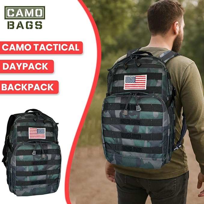 Camo Tactical Daypack Backpack - 1000D Polyester Tactical Backpack with Multi Compartments Air-Mesh Padded Back Side Compression &amp Adjustable Shoulder Straps - Travel Backpack Use for Outdoor &a