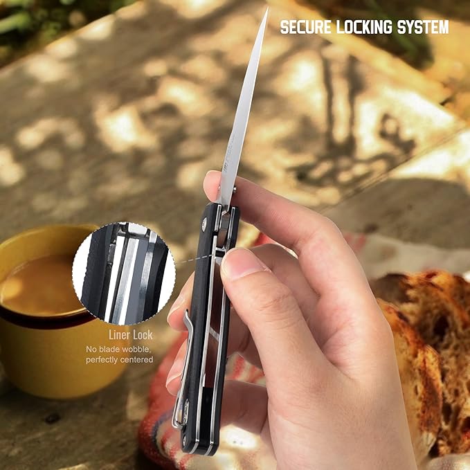 EDC Folding Small Pocket knife for men women 14C28NLiner LockG10 Lightweight Handle Cold Stainless SteelCamping Tactical Knives Belt Clip Flipper Microtech Elemental Survival Hiking Hunting Gad