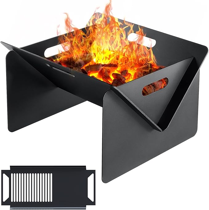 18 inch Fire Pit Outdoor Portable Firepit with BBQ Tray Detachable Camping Steel Fire Pits for Backyard Patio Picnic Bonfire Garden (Black-Small)