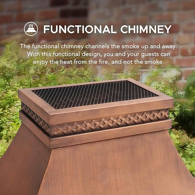 Sunjoy Outdoor Fireplace Smith Collection Patio Wood Burning Steel Fireplace with Chimney Spark Screen Fire Poker and Removable Grate Copper with Yellow Tile
