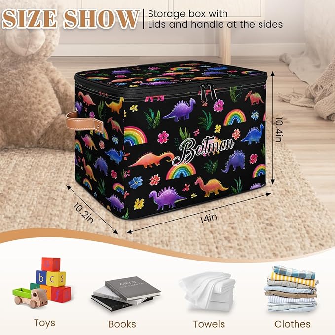 Storage-Bins with Lids Handle Customized Stackable-Storage-Bin for Kids-Boys-Girls-Toys Cube Collapsibl Basket Colorful Dinosaur