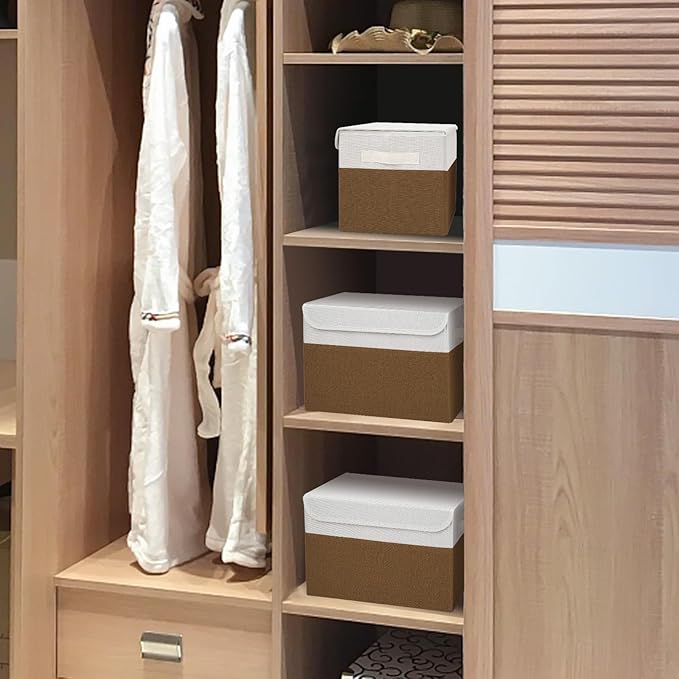 Bagnizer Large 22 Quart Linen Fabric Foldable Storage Bin Cube Organizer Basket with Flip-Top Lid &amp Handles Clothes Blanket Box for Home Office Closet Brown &amp White 4 Pack 14.6 x 9.5 x 9.