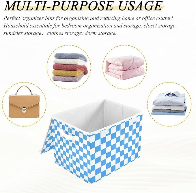 Collapsible Storage Bins with Lids Decorative Fabric Storage Cubes Closet Organizer and Storage Basket Boxes Containers for Clothes Box Chest Nursery Folding Rectangle Checkered Blue