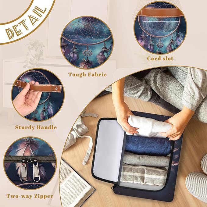 Dream Catcher Storage Box with Lid Feathers Collapsible Storage Bins Baskets Cubes Closet Shelf Clothes Organizer Containers with PU Leather Handles