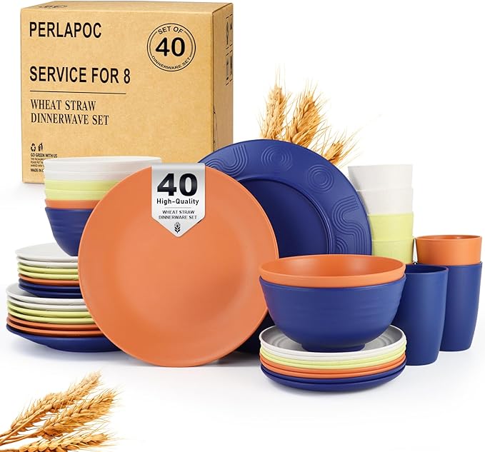 Wheat Straw Dinnerware Sets 40 PCS - Dishes Set for 8 Unbreakable Plates and Bowls Sets with Cups Dishwasher &amp Microwave Safe Lightweight Dinnerware for Kitchen Camping RV - Mondrian Colors