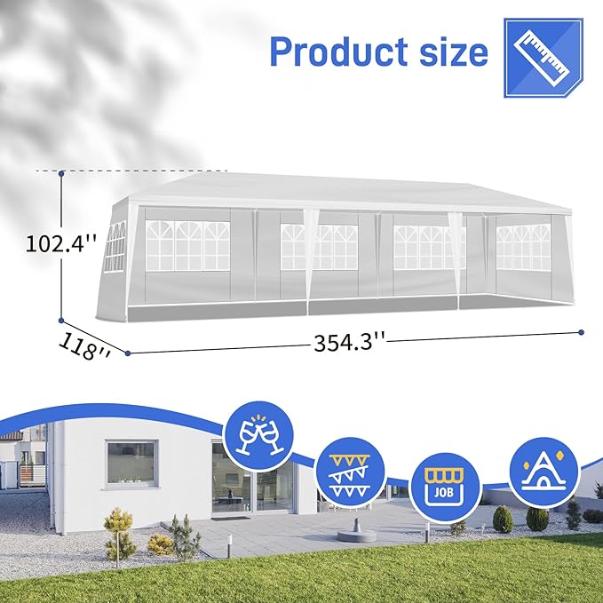 Outdoor Gazebo Canopy Wedding Party Tent Camping Shelter Commercial Instant Shelter Waterproof Tent with Removable Side Walls (10'x30' with 7 Sidewalls)