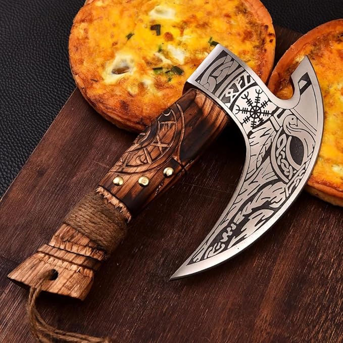 Pizza Cutter Axe Carbon Steel Slicer Chef Viking Axes with Leather Cover - Premium Oven Accessories Ulu Rocking Gifts for Men(Rp Pizza Axe)