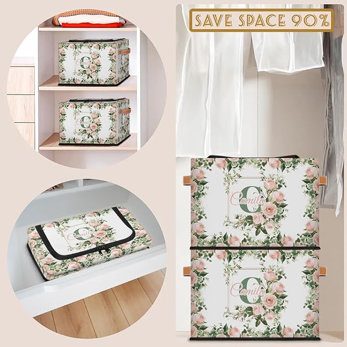 Personalized Rose.flower Initials Storage Bins with Zipper Lid Custom Fabric Storage Boxes Foldable Closet Organizers Cubes for Clothes Shelves Home Decorative 2PCS