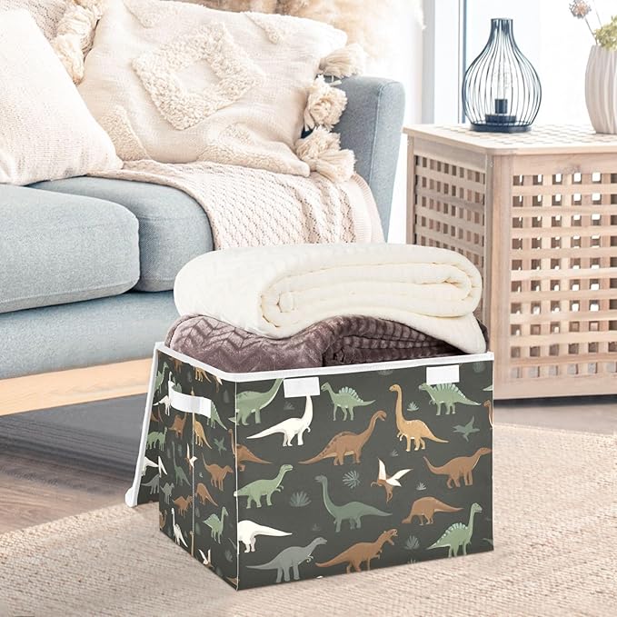 Storage Bins with Lids Storage Containers Box Organizer Bin Basket with Handles for Closet Shelves Clothes Stackable Foldable Decorative Green and Brown Dinosaurs