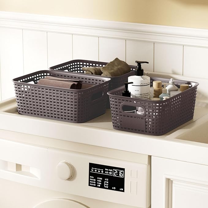 6Pcs Storage Bins with Lids Stackable Plastic Storage Basket with Bamboo Lid Pantry Organizer Box Small Containers for Organizing Shelves Drawer Desktop Closet Cabinet Office Classroom 10x7.1x4.1in