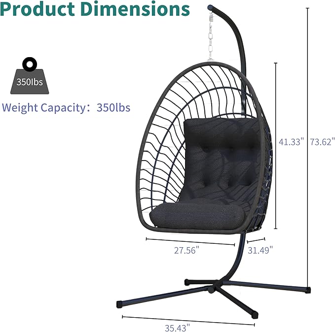 Kingdura Hanging Egg Chair with Stand Indoor Outdoor Foldable Rattan Wicker Hammock Egg Swing Chair for Bedroom Porch Patio Garden Thickened Cushion 350LBS Capacity Heavy Duty Frame