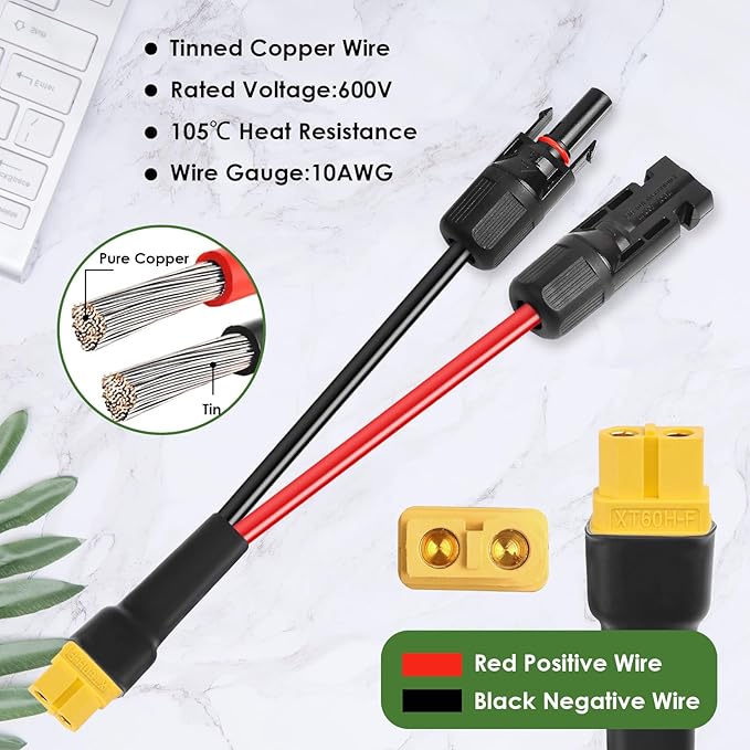 MOOKEERF Solar Connector to XT60 Adapter Cable - 35FT 10AWG for Solar Panel to Portable Power Station