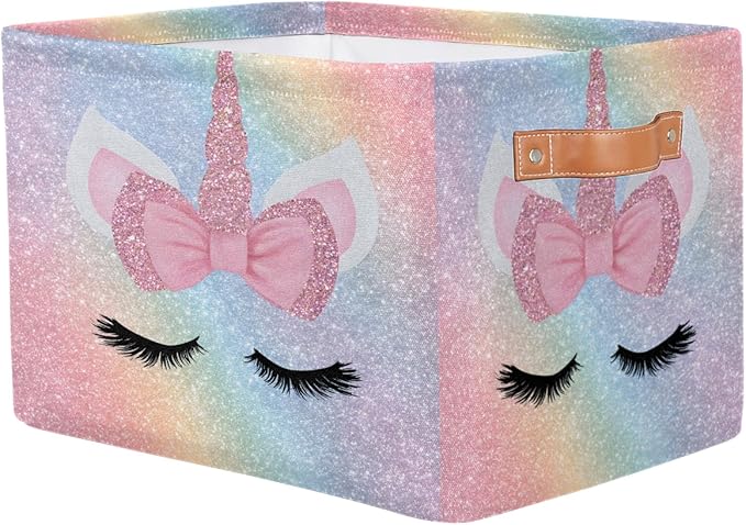 Pardick Unicorn Face Pink Basket Storage Bins Large Fabric Toys Storage Cube Box with Handles Collapsible Closet Shelf Cloth Organizer Basket for Nursery Bedroom Bathroom Holiday Gift