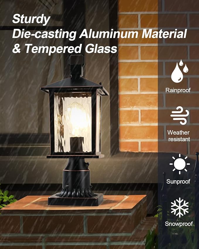 Dusk to Dawn Outdoor Post Light Hardwired Oil-Rubbed Bronze Pole Lantern with Pier Mount Base Water Ripple Glass 17'' Waterproof Lamp Post Light Fixture for Driveway Pathway Yard