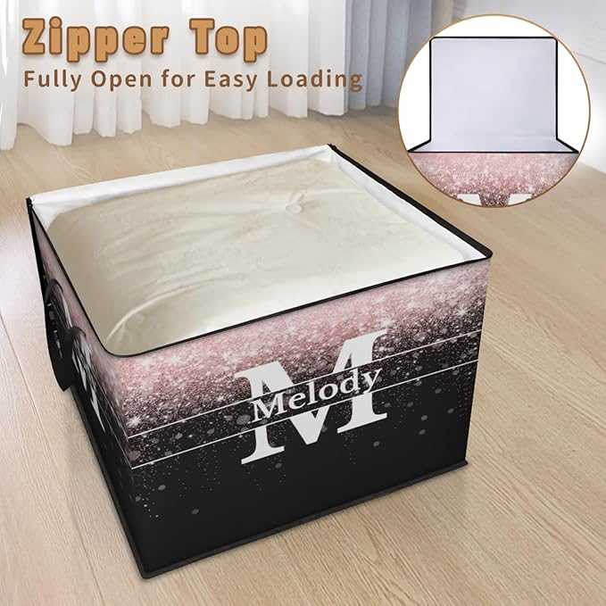 Custom Comforters Storage Basket with Lid Personalized Name Initial Letter Large Organizer Bin for Pet/Children Toys Books Clothes Perfect for Rooms/Playroom Pale Pink Bling with Black