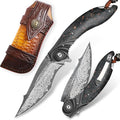 handmade Folding Pocket KnifeJapanese Damascus steel 3.9in blade Men's folding knifewith Pocket Clip Leather Sheathliner lock Carbon Fiber Handlefit EDC Outdoor camping Survivalgift