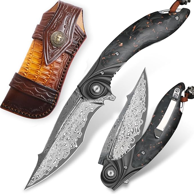 handmade Folding Pocket KnifeJapanese Damascus steel 3.9in blade Men's folding knifewith Pocket Clip Leather Sheathliner lock Carbon Fiber Handlefit EDC Outdoor camping Survivalgift
