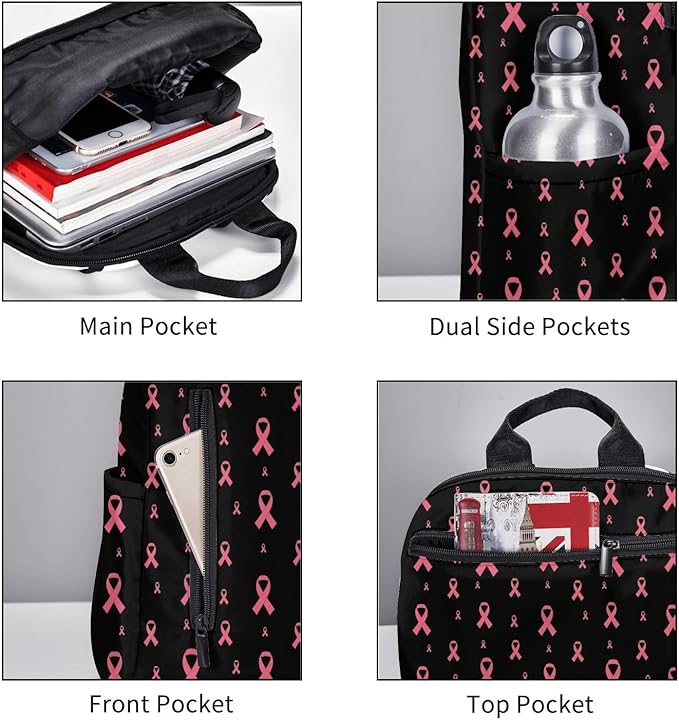 Travel Laptop Backpack Business Breast cancer awareness ribbons black College Computer Bag Gift for Men &amp Women