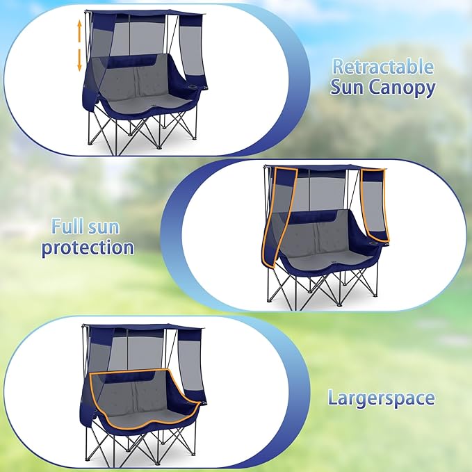 Teenyyou Double Camping Chair with Canopy Shade 660lbs Heavy Duty Beach Chair Portable Folding 2 Person Camping Loveseat with Cup Holder and Storage Bag for Lawn Beach Outdoor Sport(Blue and Grey)