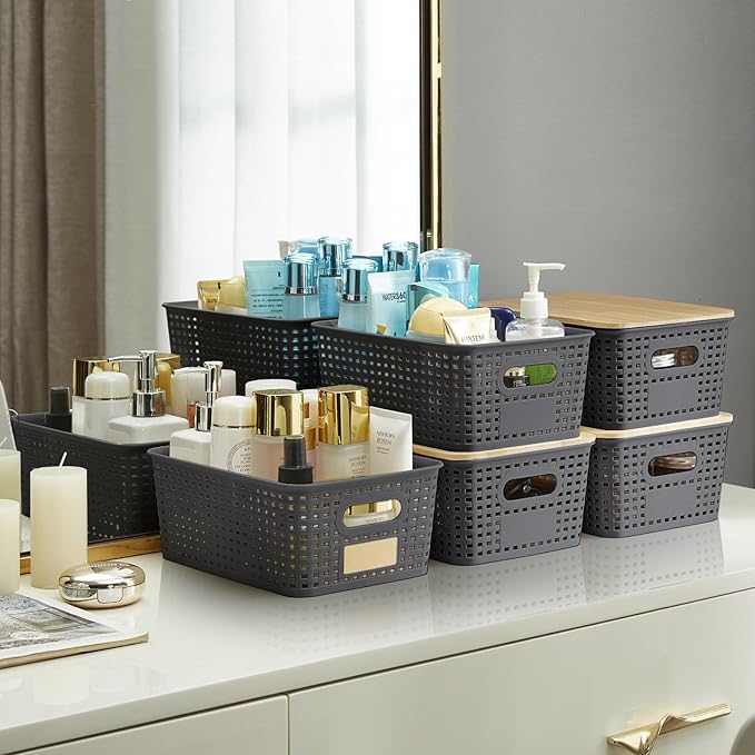 Small Plastic Storage Bins with Bamboo Lids 5.2qt Stackable Box Basket Pantry Decorative Containers Cute with Lable for Organizing Desktop Closet Office Gray of 6 packs 10 * 7.2 * 4.1