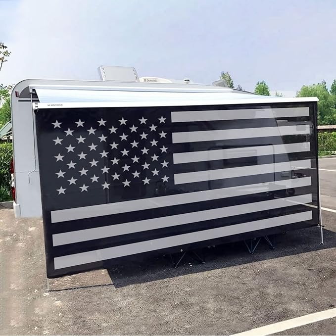 Tentproinc RV Awning Sun Shade Screen 7' X 20' 3'' (American Flag) Black Mesh Sunshade Camper Trailer Awning Shade Screen UV Blocker Completed Kits