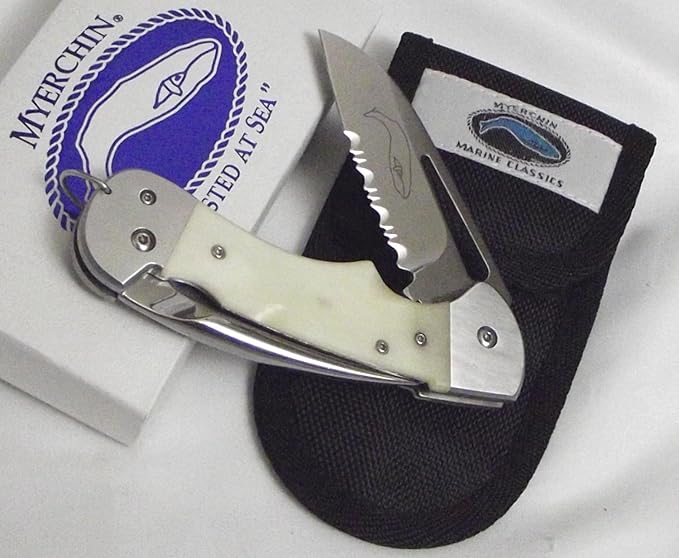 Myerchin AF300P Gen 2 Captain Pro Rigging Knife &amp Marlin Spike - White Bone Handle - Captain’s Bundle with Outdoor Merchants Safety Leather Lanyard - German Marine Stainless Steel Sailing Tool
