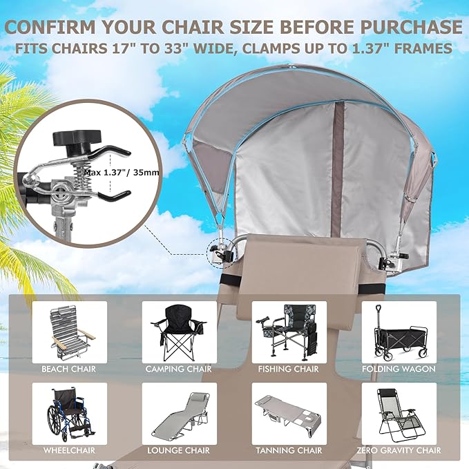 Universal Chair Umbrella Canopy UPF 50+ Sun Shade with Adjustable Clamp Fits Most Brands’ Beach Camping Lawn Tanning Zero Gravity Lounge &amp Fishing Chairs Patent Design