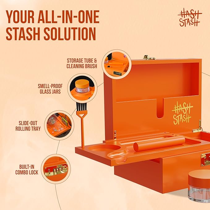HASHSTASH The OG Storage Box - Large Bamboo Box with Combination Lock Magnetic Lid Organizer Tray Airtight Tube and 3 Jars - Discreet Decorative Locking Wooden Box with Accessories (Neon Orange)