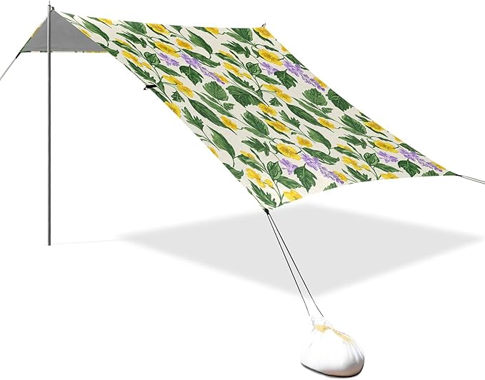 Wildflowers Beach Canopy Sun Shelter with Sandbags &amp Sand Shovel &amp Windproof Ropes - Portable 110x126 Beach Shade Beach Tent for Camping Picnics