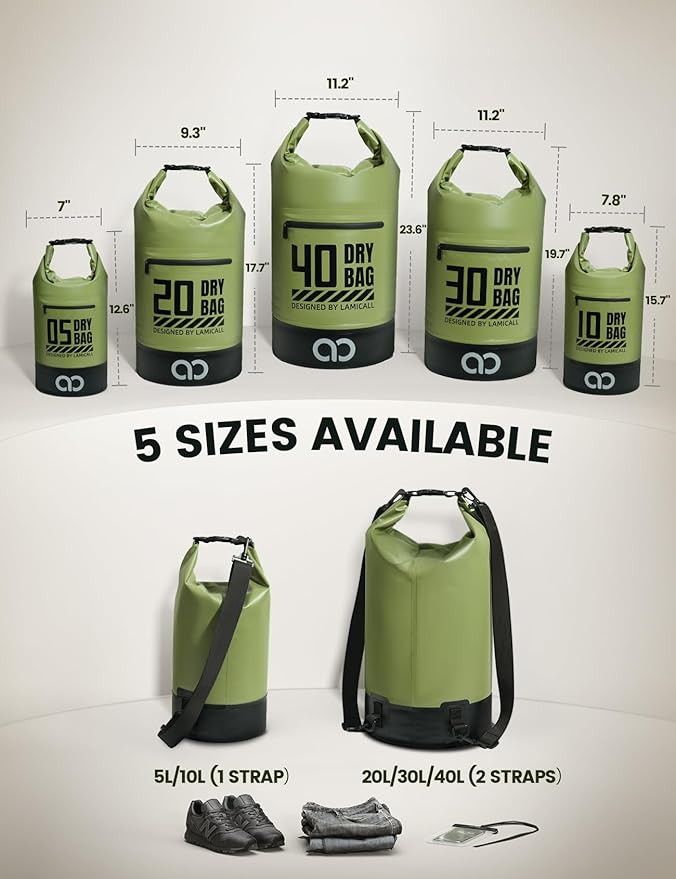 Lamicall 10L &amp 30L Dry Bag Waterproof Backpack - [Zippered Pocket] Roll Top Waterproof Bag Olive Green &amp Lemon Yellow