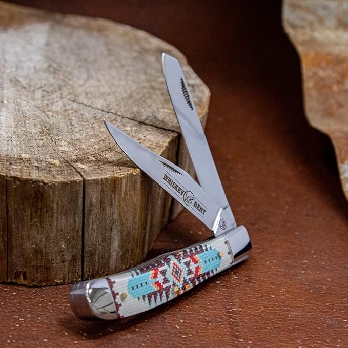 WHISKEY BENT HAT CO. Traditional Trapper Folding Pocket Knife 4.125 Closed Length 440C Stainless Steel Blades (Turquoise Bead)