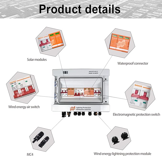 Marsrock Lighting Protection Wind Solar Hybrid Power Control Box PV DC Combiner AC Distribution Box for Wind Solar Power System with DC AC SPD Surge Protection Arrester (Including Wires)