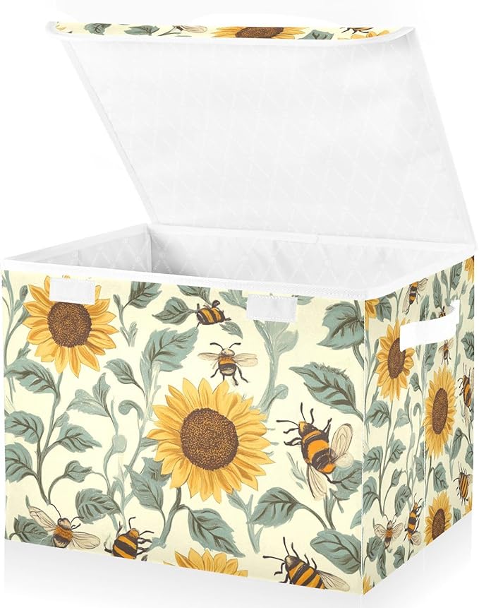 Collapsible Storage Bins with Lids Decorative Fabric Storage Cubes Closet Organizer and Storage Basket Boxes Containers for Clothes Box Chest Nursery Folding Rectangle Beige Bees Sunflower