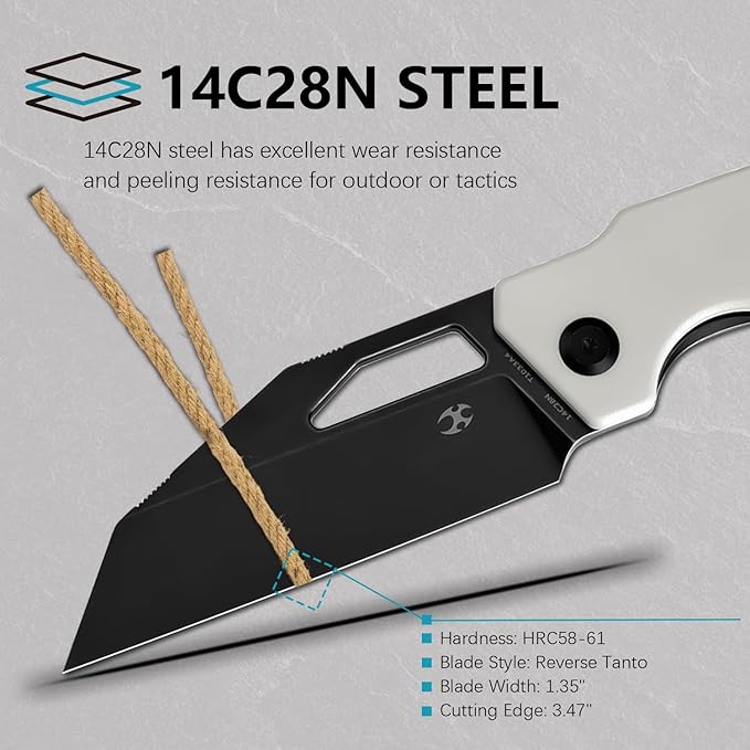 KANSEPT Egress Pocket Knives 8.24in Folding Knife with Black Stonewashed 14C28N Blade White G10 Handle Pocket Tactical Knife for Men Women Envelope Opener with Thumb hole T1033A4