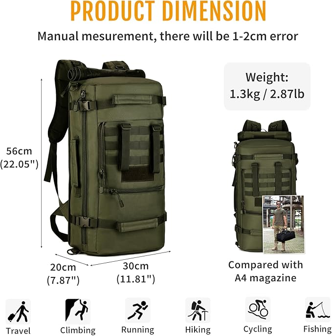 HUNTVP 50L 3 Way Tactical Backpack Military MOLLE Assault Backpack Modular WR Bag