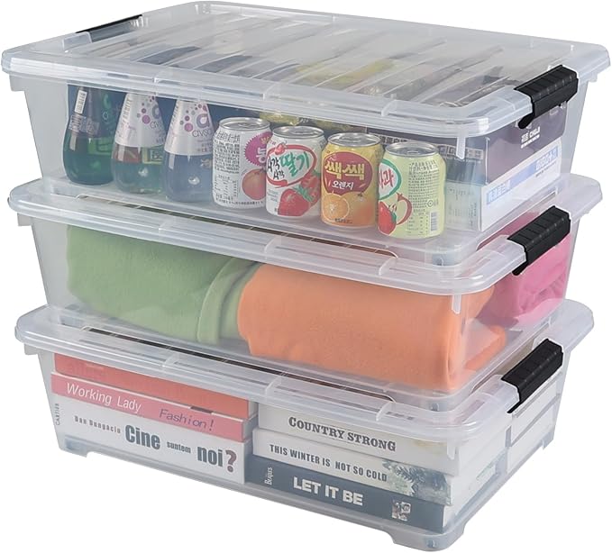 Gloreen 20 Quart Lidded Storage Bins with Wheels Clear Plastic Under Bed Storage Boxes 3 Pack
