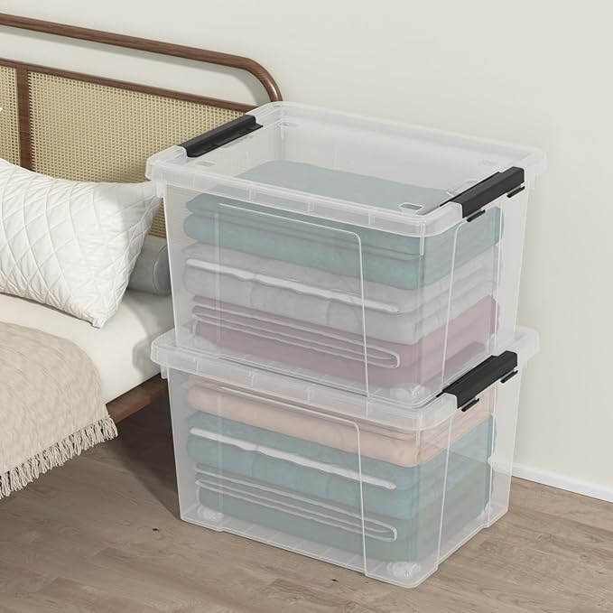 Sandmovie 4 Packs 50 Quart Large Plastic Clear Storage Box with Wheels Clear Totes for Storage with Lids