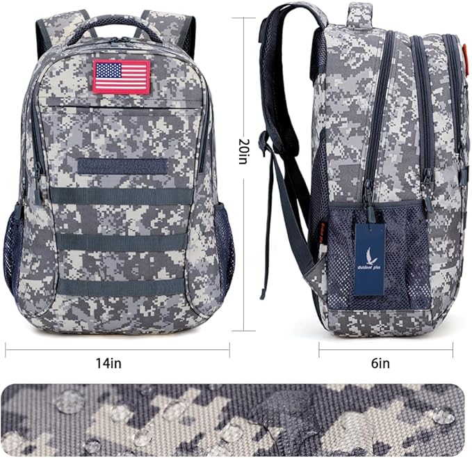 outdoor plus Camo BackpackMilitary Boys Backpacks for School40L Army Bookbag with USB Charging Port Waterproof